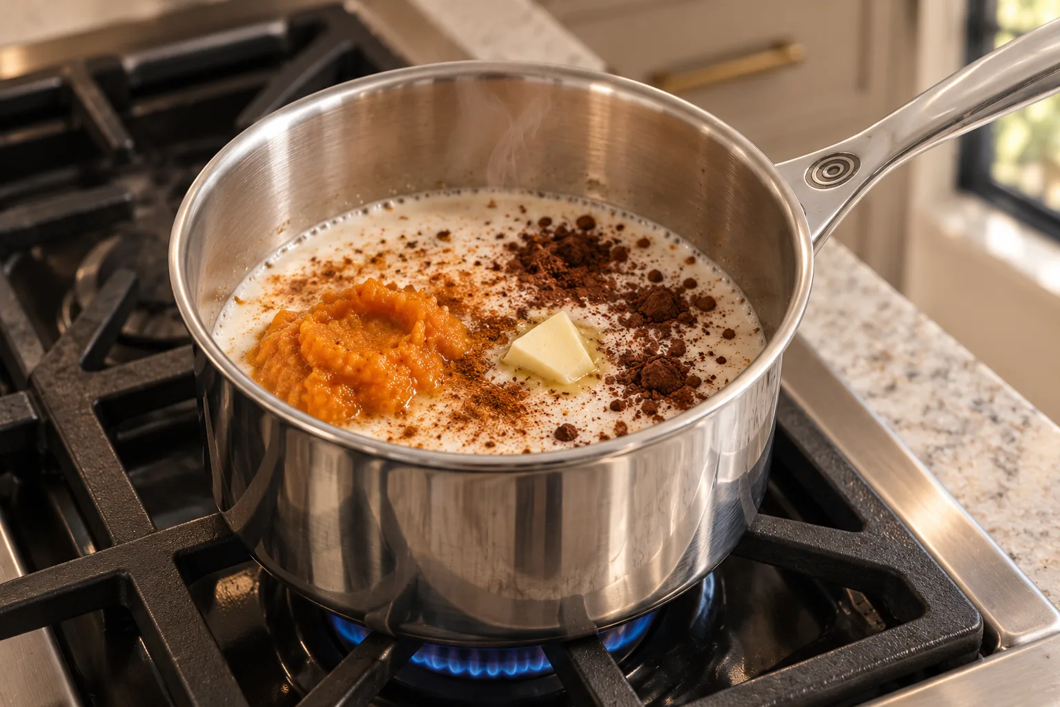 Coconut milk, cooked pumpkin, cocoa butter, cocoa, honey, and spices warming in a small saucepan