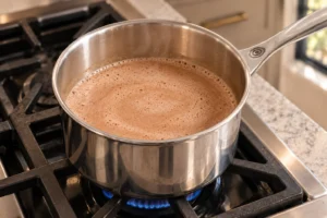 Smooth light-brown pumpkin hot cocoa with fine froth after whisking in a stainless saucepan