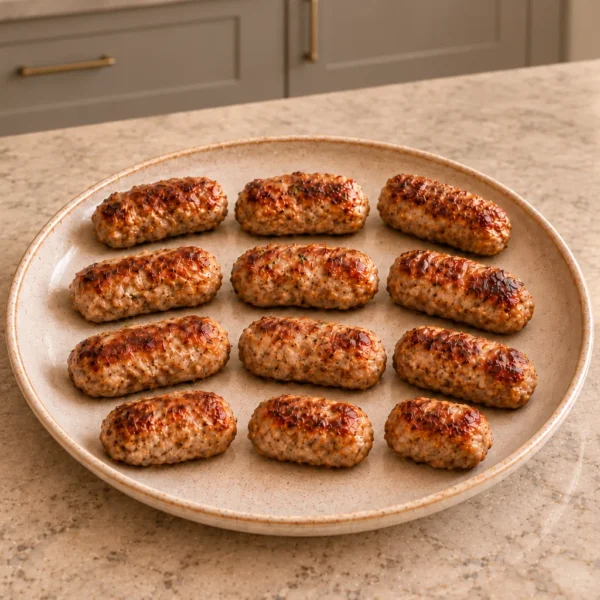 Twelve small homemade pork sausage links browned for a Full GAPS breakfast, without casings or garnish