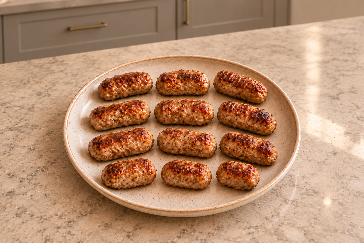 Twelve small homemade pork sausage links browned for a Full GAPS breakfast, without casings or garnish
