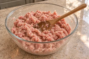 Raw ground pork mixed with garlic, onion, oregano and pepper for Full GAPS sausage links, with a meat-coated spoon