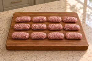 Twelve raw hand-shaped pork sausage links ready for the skillet in the Full GAPS recipe