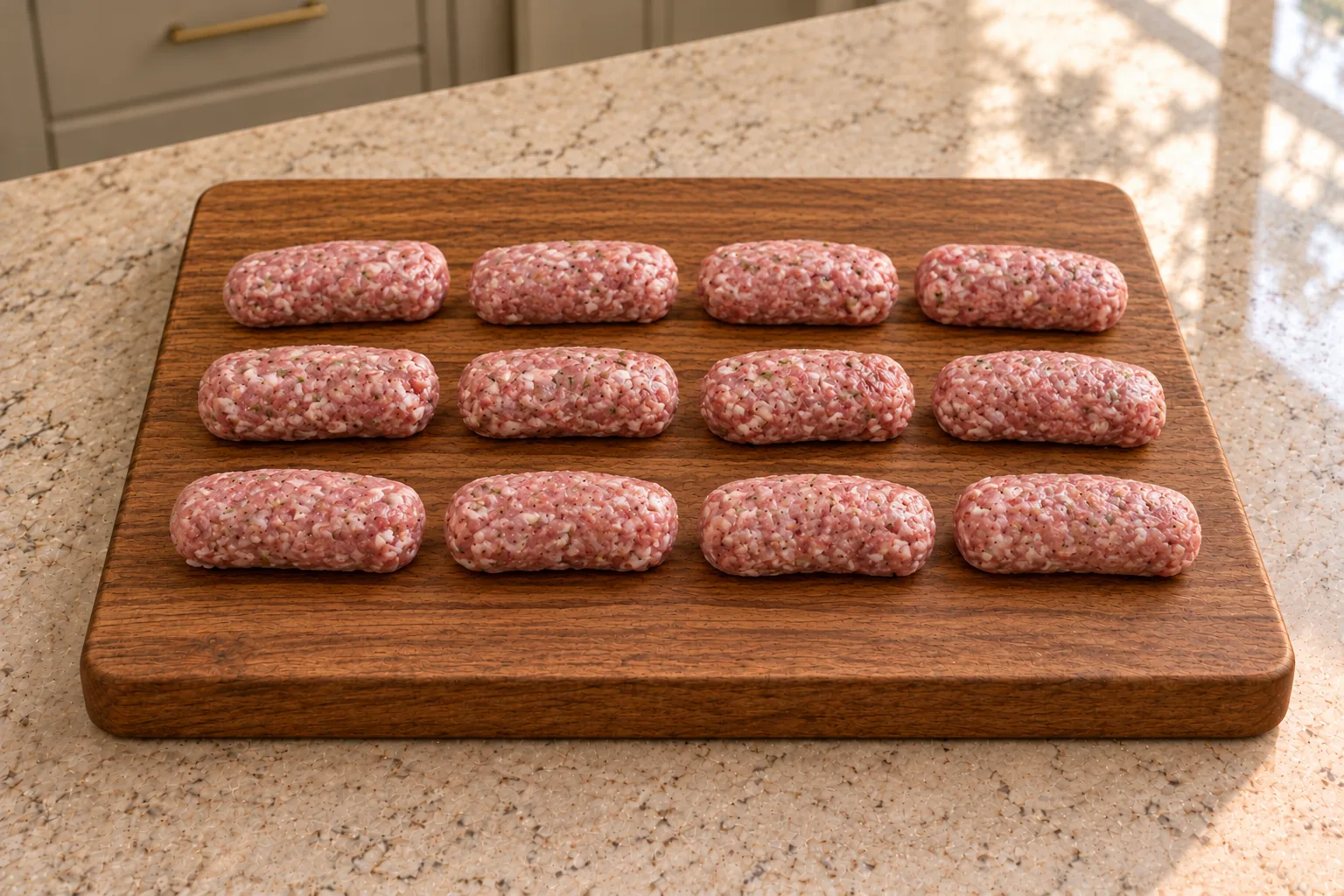 Twelve raw hand-shaped pork sausage links ready for the skillet in the Full GAPS recipe