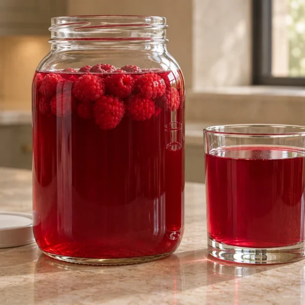 Raspberry beet kvass in a clear jar and serving glass for Full GAPS