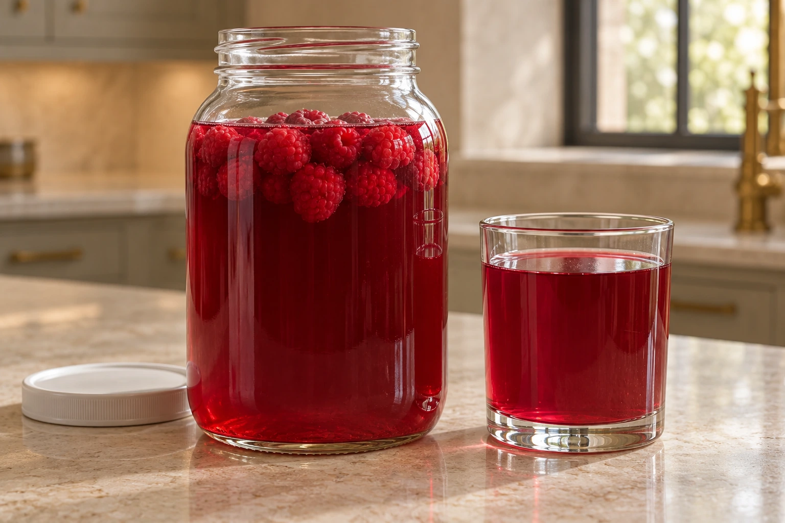 Raspberry beet kvass in a clear jar and serving glass for Full GAPS