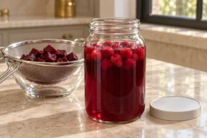 Raspberries added to strained ruby beet kvass after the beet cubes were removed