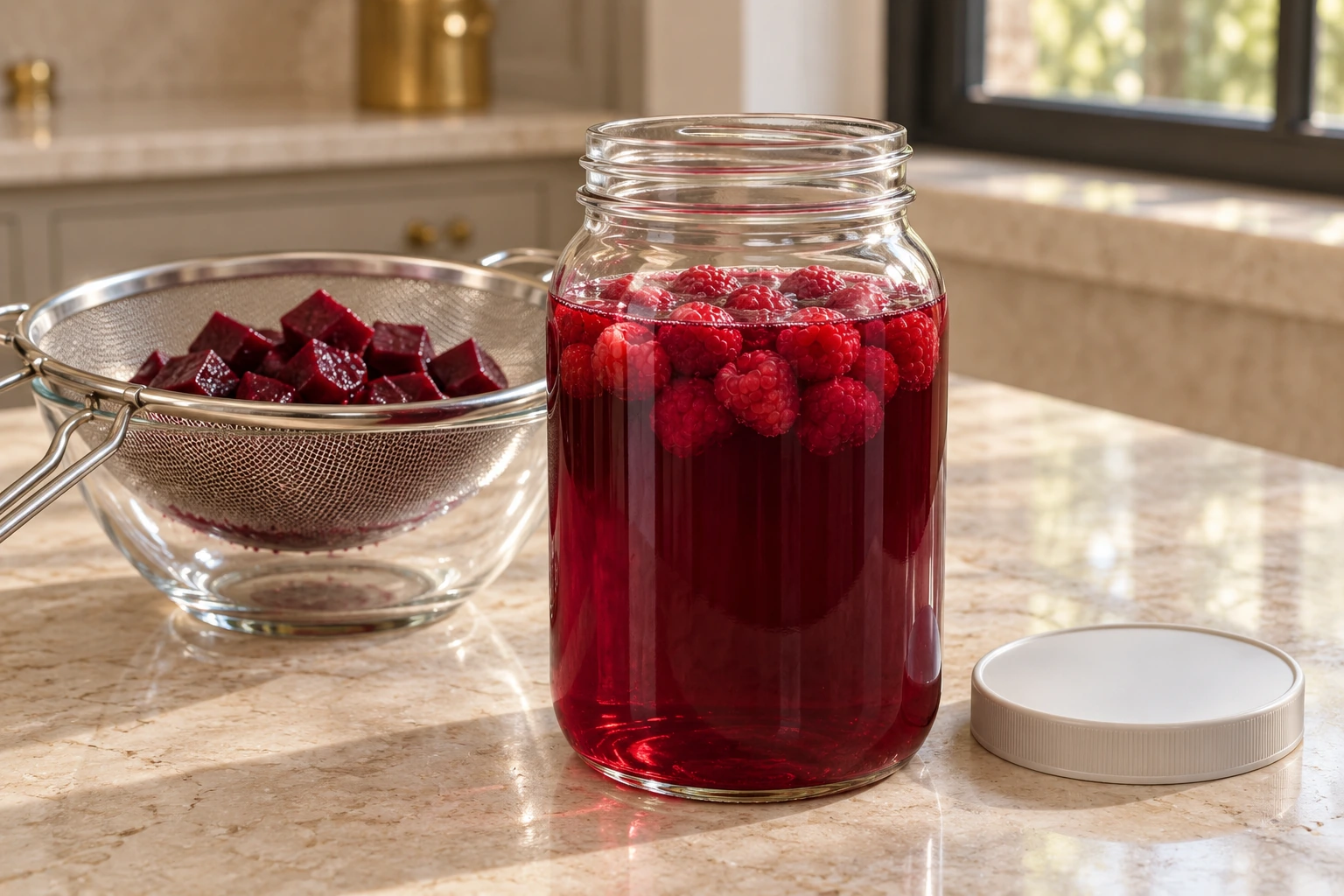 Raspberries added to strained ruby beet kvass after the beet cubes were removed