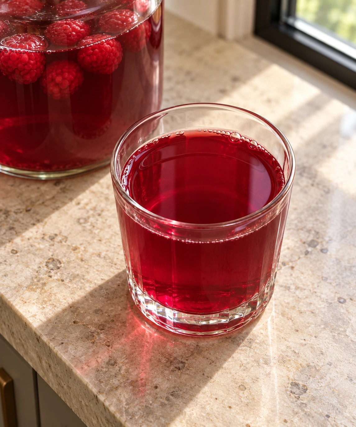 Overhead glass of ruby raspberry beet kvass beside the finished jar
