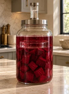 Beet cubes fully submerged under a glass weight during the raspberry kvass primary ferment