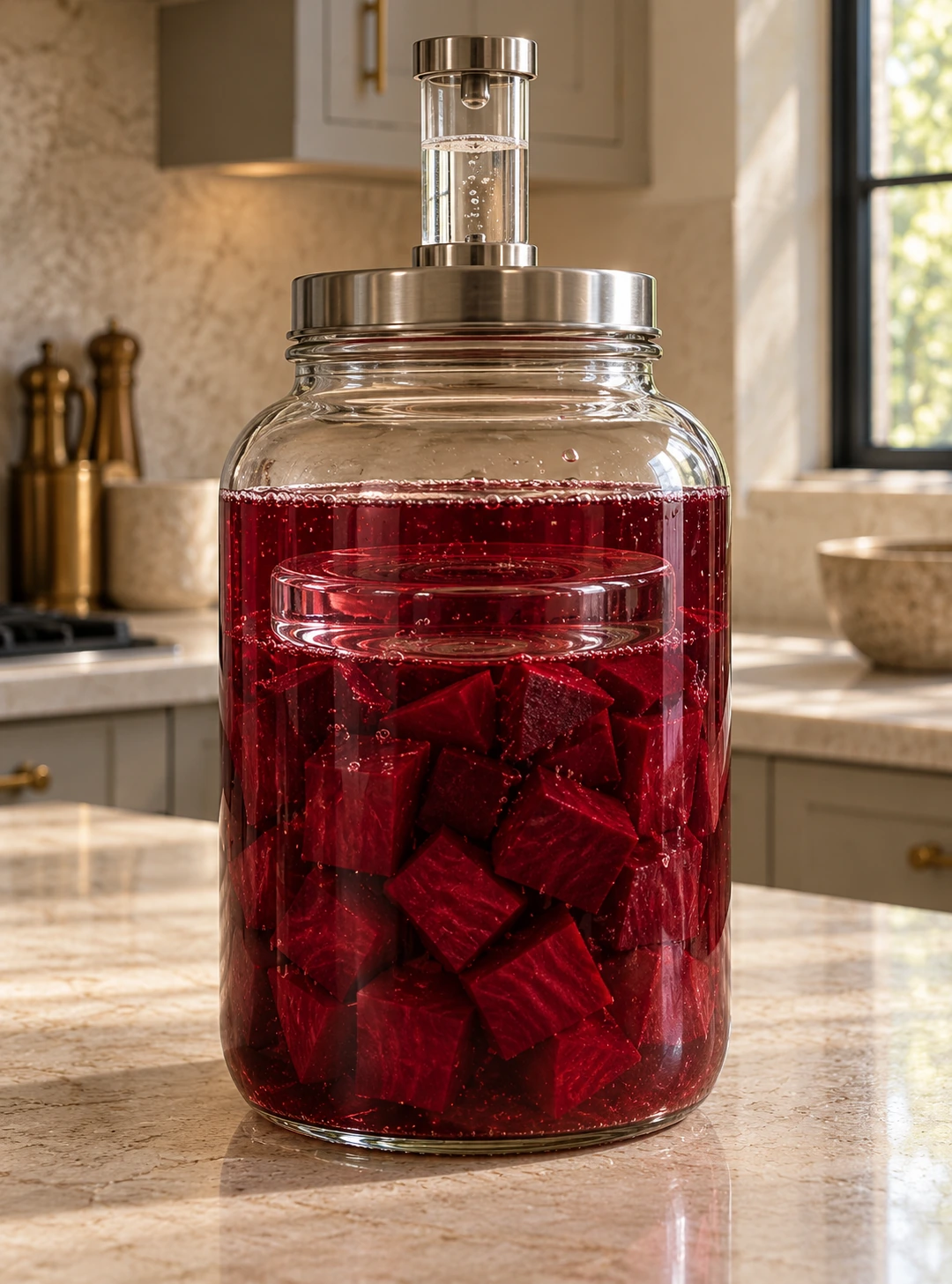 Beet cubes fully submerged under a glass weight during the raspberry kvass primary ferment