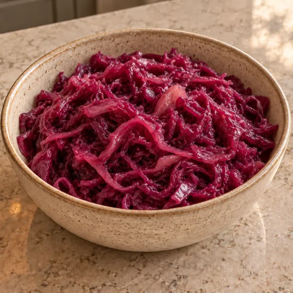 Finished red cabbage sauerkraut with moist pink-purple shreds in a ceramic bowl