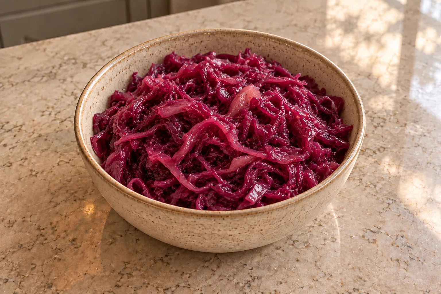 Finished red cabbage sauerkraut with moist pink-purple shreds in a ceramic bowl