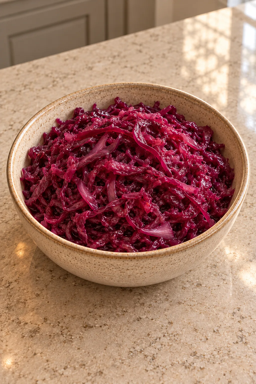 Red cabbage sauerkraut served in a ceramic bowl
