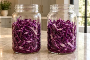 Two quart jars of salted red cabbage after the one-hour wilt, before pressing