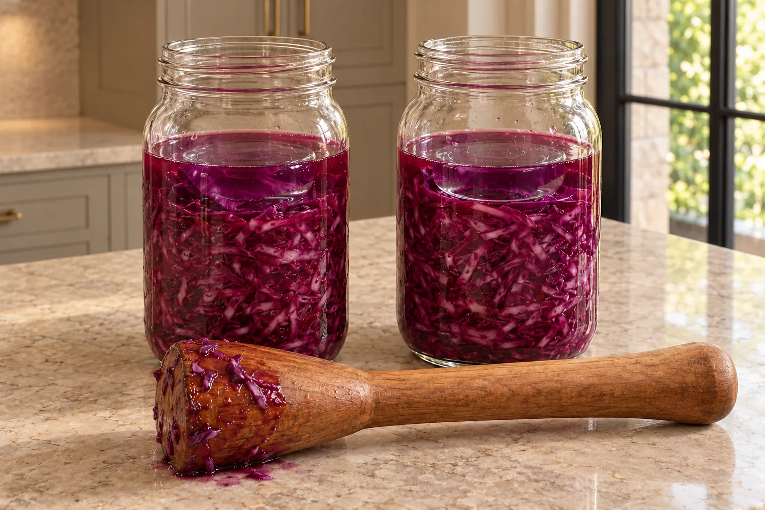 Pressed red cabbage submerged under purple brine and glass weights beside a used wooden pounder