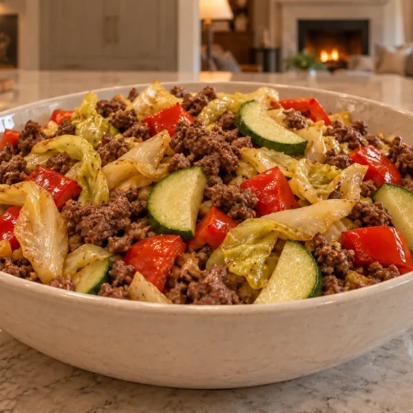 Finished Full GAPS skillet with browned ground beef, tender cabbage, red pepper, and steamed zucchini in a ceramic bowl