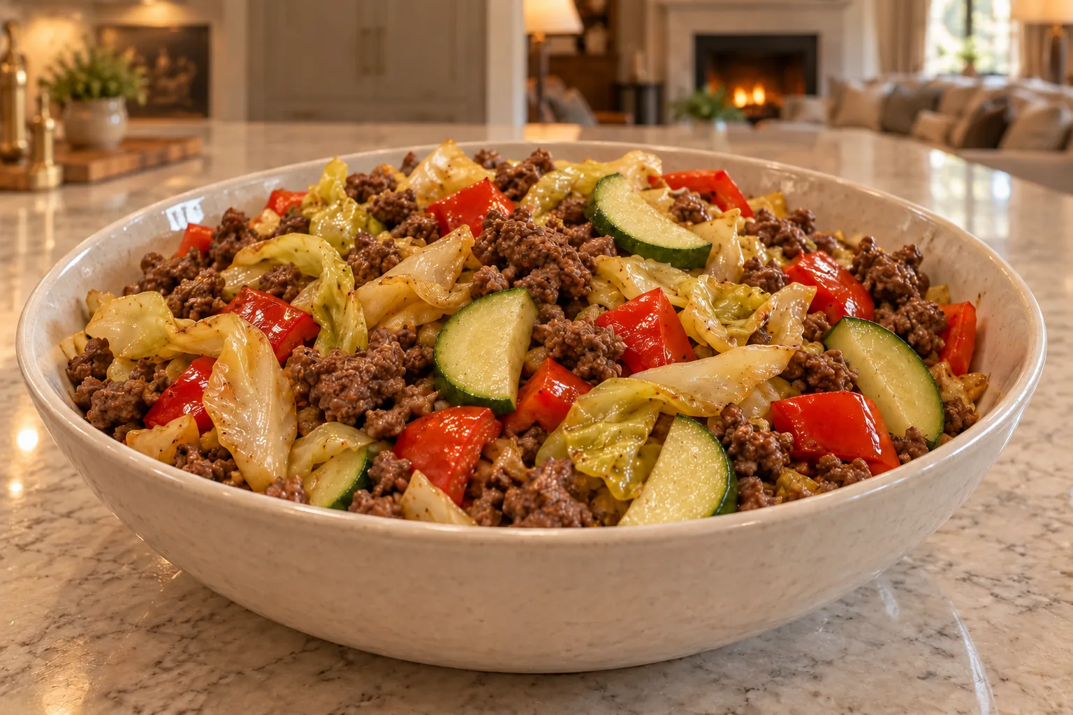 Finished red pepper cabbage ground beef and steamed zucchini skillet for Full GAPS in a ceramic bowl
