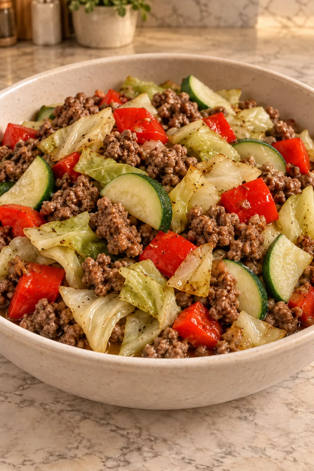 Finished red pepper, cabbage, ground beef and steamed zucchini skillet in a ceramic bowl