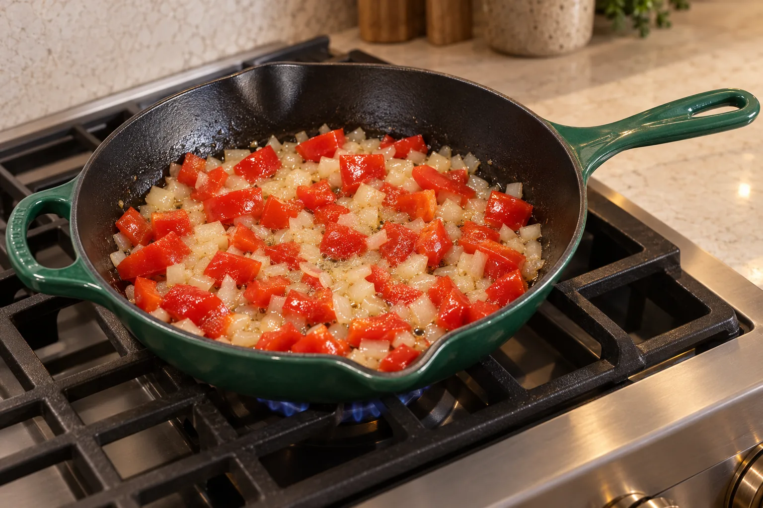 Onion turning translucent with red bell pepper in an Artichaut skillet before beef is added
