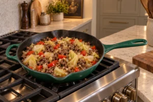 Fully browned ground beef with fork-tender cabbage and red pepper before steamed zucchini is added