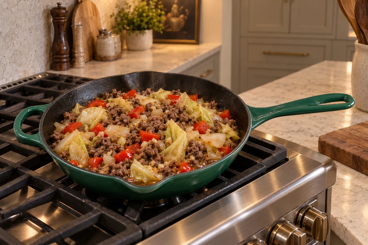 Browned ground beef with tender cabbage and red pepper in an Artichaut skillet before steamed zucchini is added