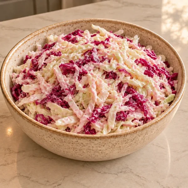 Ruby red sauerkraut coleslaw for Full GAPS with pale pink mayonnaise coating and distinct fresh and fermented cabbage shreds