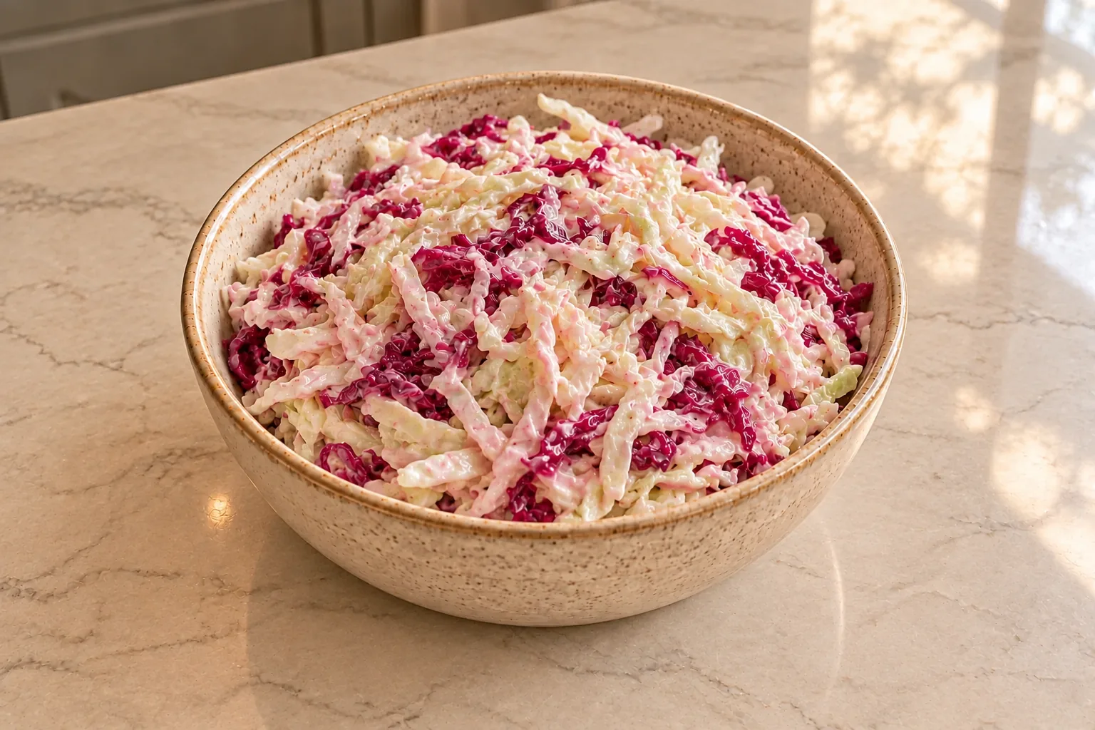 Ruby red sauerkraut coleslaw for Full GAPS with pale pink mayonnaise coating and distinct fresh and fermented cabbage shreds