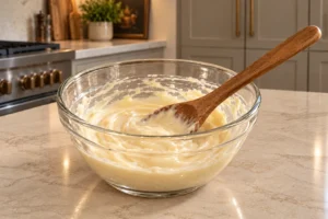 Homemade mayonnaise and raw apple cider vinegar stirred for Full GAPS slaw, with creamy dressing residue on a supported wooden spoon
