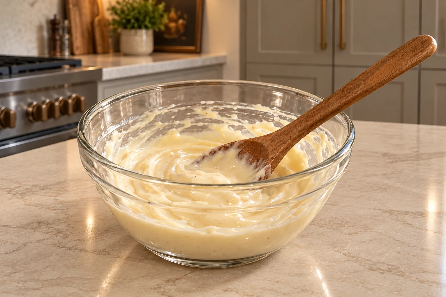 Homemade mayonnaise and raw apple cider vinegar stirred for Full GAPS slaw, with creamy dressing residue on a supported wooden spoon