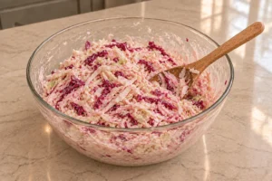 Pink Full GAPS sauerkraut coleslaw after its twenty-minute rest in a glass mixing bowl with dressing and cabbage on the used spoon