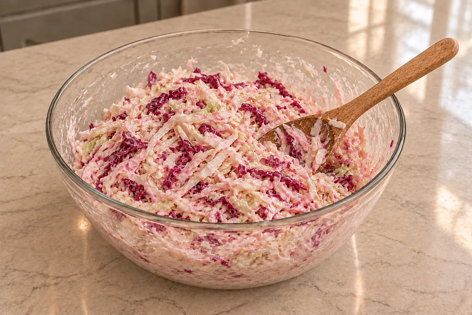 Pink Full GAPS sauerkraut coleslaw after its twenty-minute rest in a glass mixing bowl with dressing and cabbage on the used spoon
