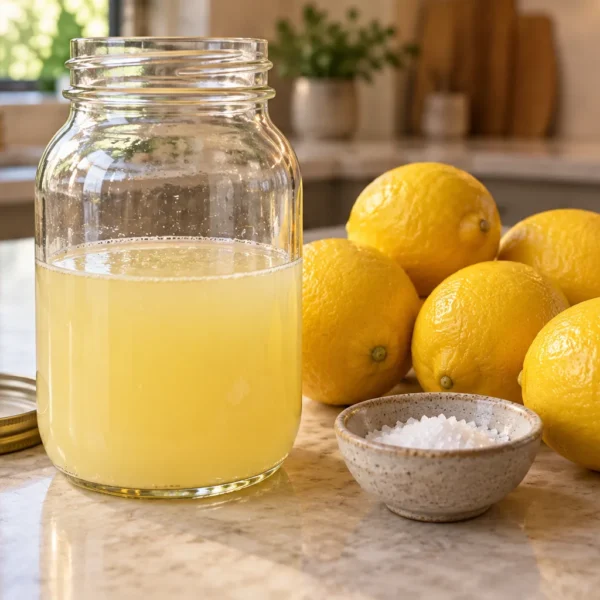 Salted lemon concentrate for Full GAPS in a glass quart jar beside fresh lemons and natural salt