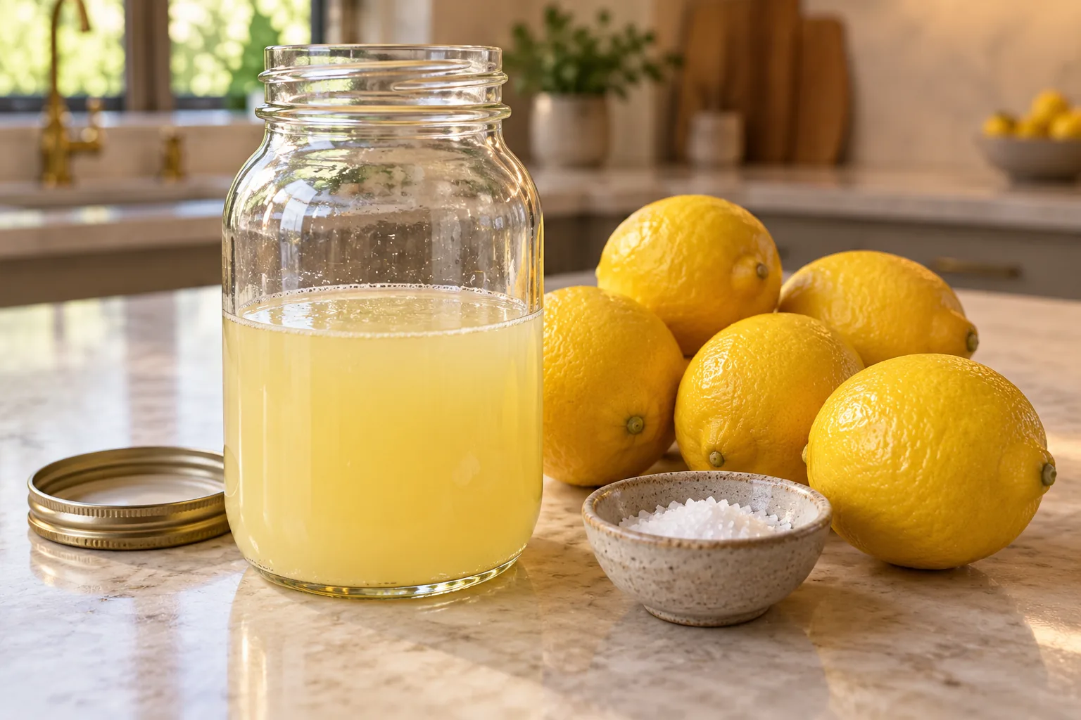 Salted lemon concentrate for Full GAPS in a glass quart jar beside fresh lemons and natural salt