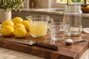 Measured fresh lemon juice, filtered water, and natural salt for Full GAPS lemon concentrate