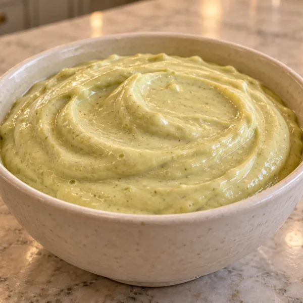 Thick pale sausage-fat avocado mayonnaise in a ceramic bowl on the WFLI kitchen counter
