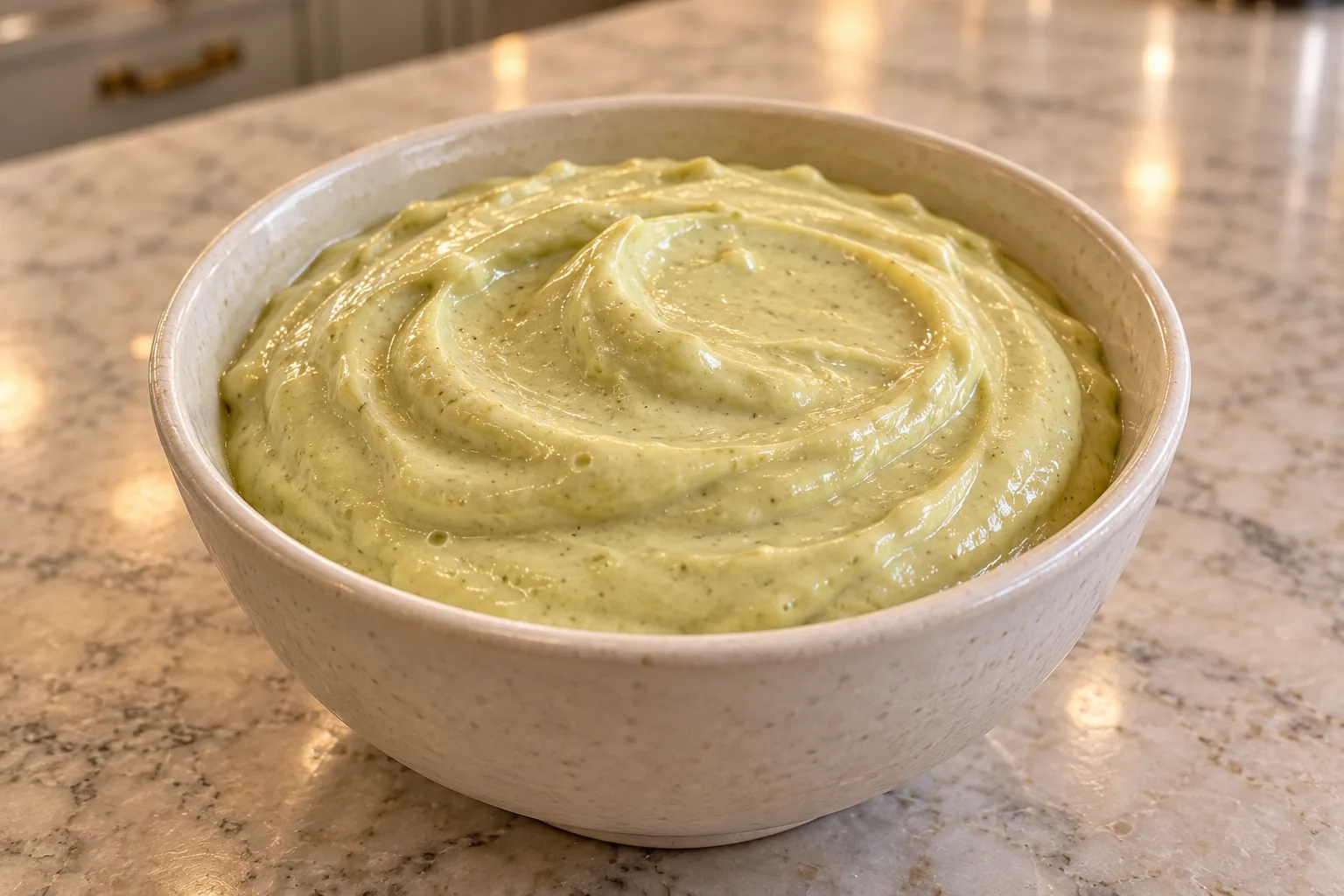 Thick pale avocado mayonnaise made with rendered homemade sausage fat in a ceramic bowl