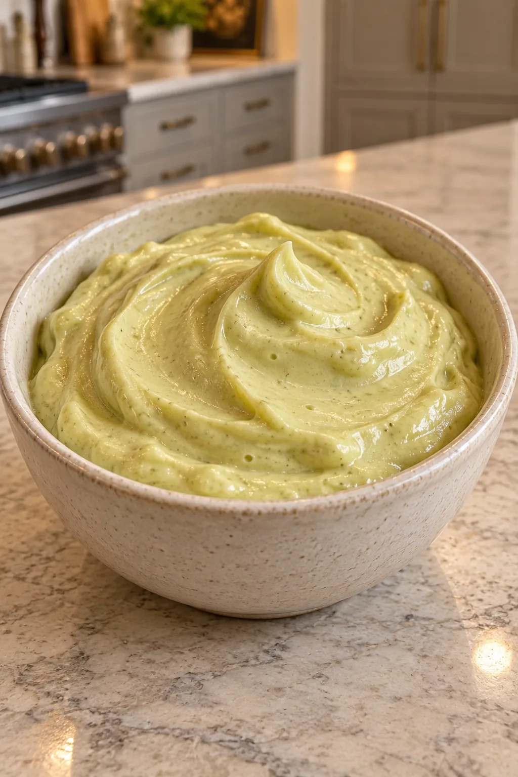 Thick sausage-fat avocado mayonnaise in a white bowl on the WFLI kitchen counter