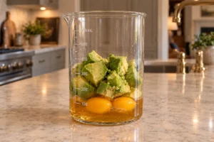 Two egg yolks, ripe avocado pieces, and a shallow layer of slightly warm sausage fat and apple cider vinegar in a blending beaker
