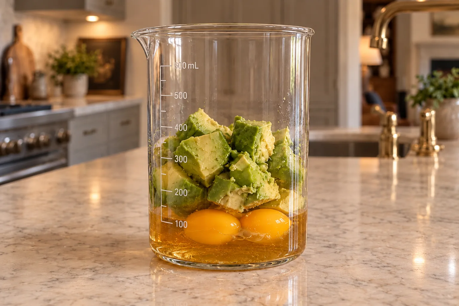 Two egg yolks avocado pieces and a shallow measured layer of sausage fat and vinegar in a blending beaker