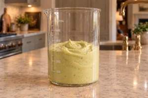 Thick pale avocado sausage-fat mayonnaise fully emulsified in the same blending beaker without an oil ring