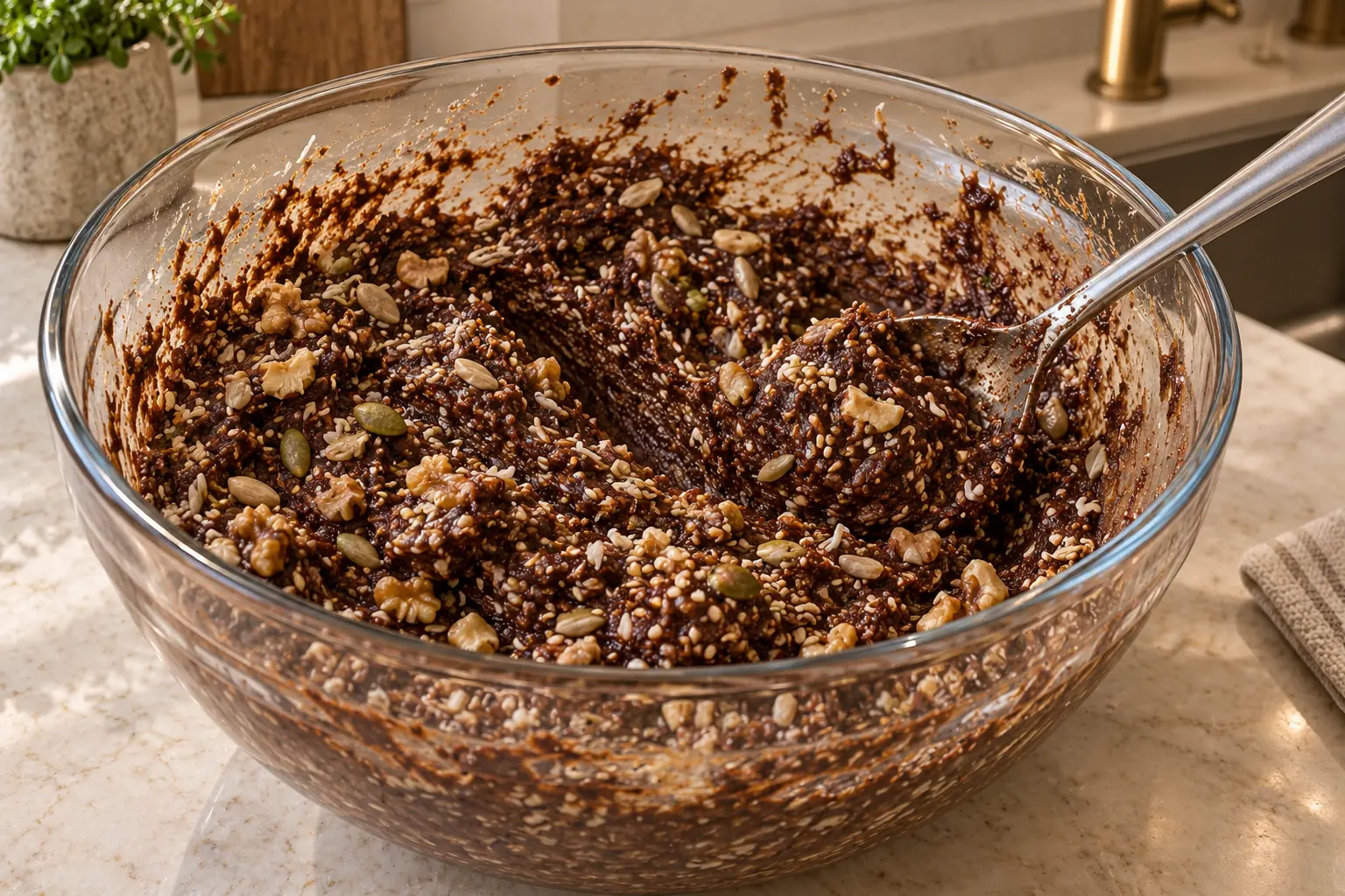 Very thick cocoa honey nut and seed mixture in a glass bowl with a coated spoon