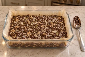 Sesame chocolate nut mixture pressed into a parchment-lined seven-by-five-inch glass dish