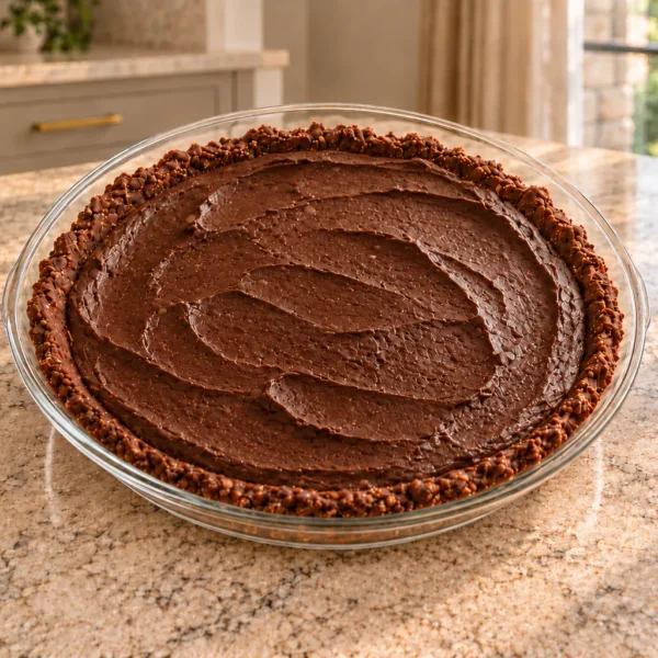 Whole chilled dark cocoa-cashew pie in a glass dish with pressed chocolate almond crust