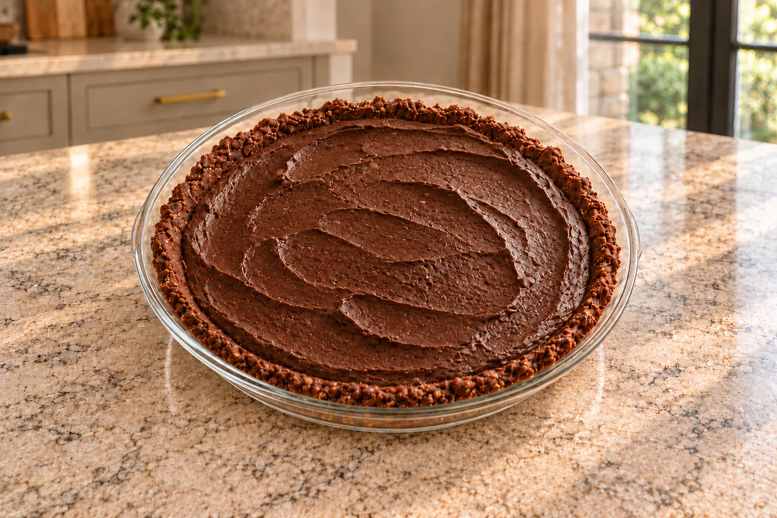 Finished dark cocoa-cashew pie in a glass dish with a pressed chocolate almond crust