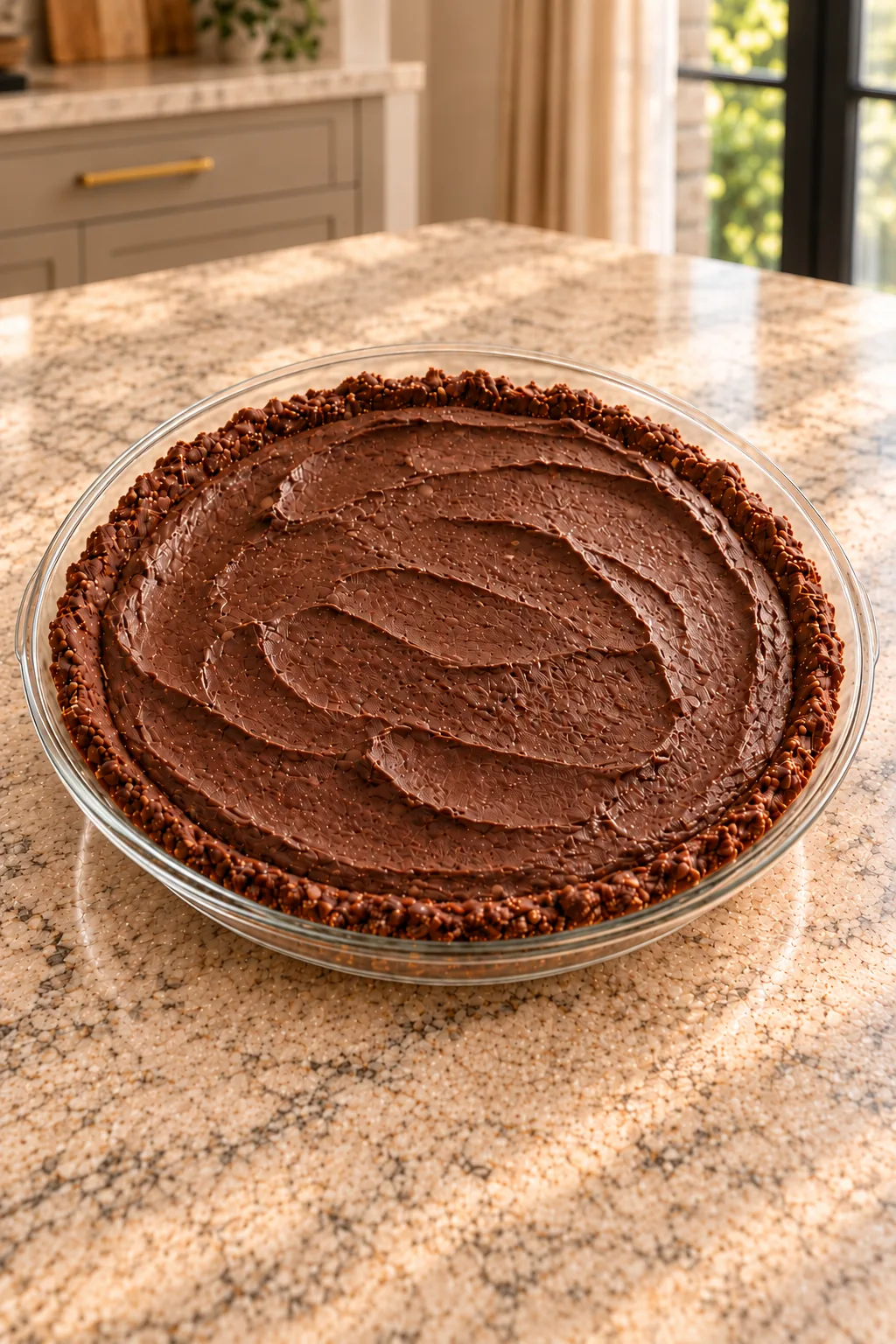 Vertical food-focused photograph of a finished silky chocolate cashew pie in a glass dish
