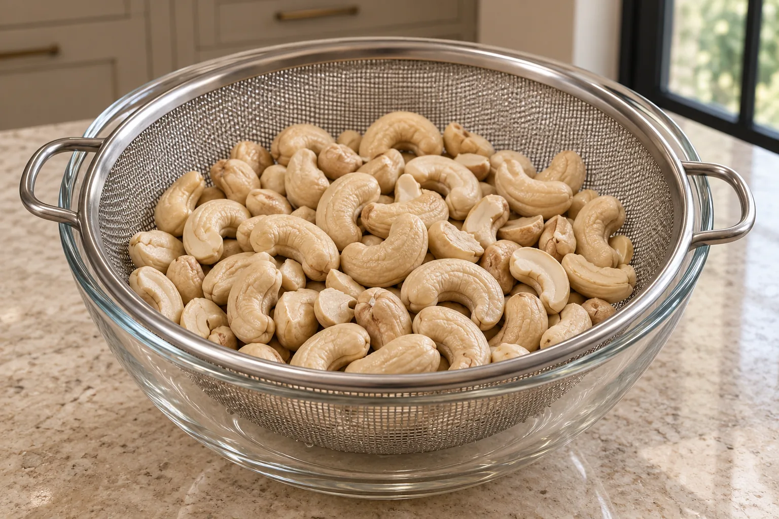 Plain soaked cashews draining in a fine mesh sieve over a clear bowl