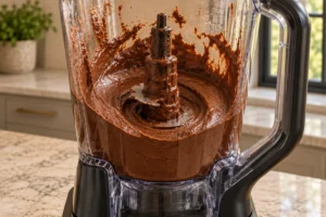 Thick dark cocoa-cashew pie filling coating the Ninja BN801 pitcher and stacked blade after blending
