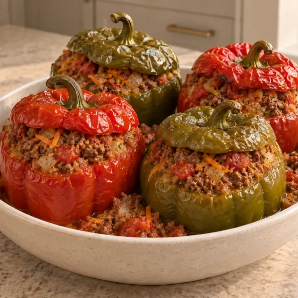 Four slow-cooker beef-stuffed bell peppers for Full GAPS in a ceramic serving bowl