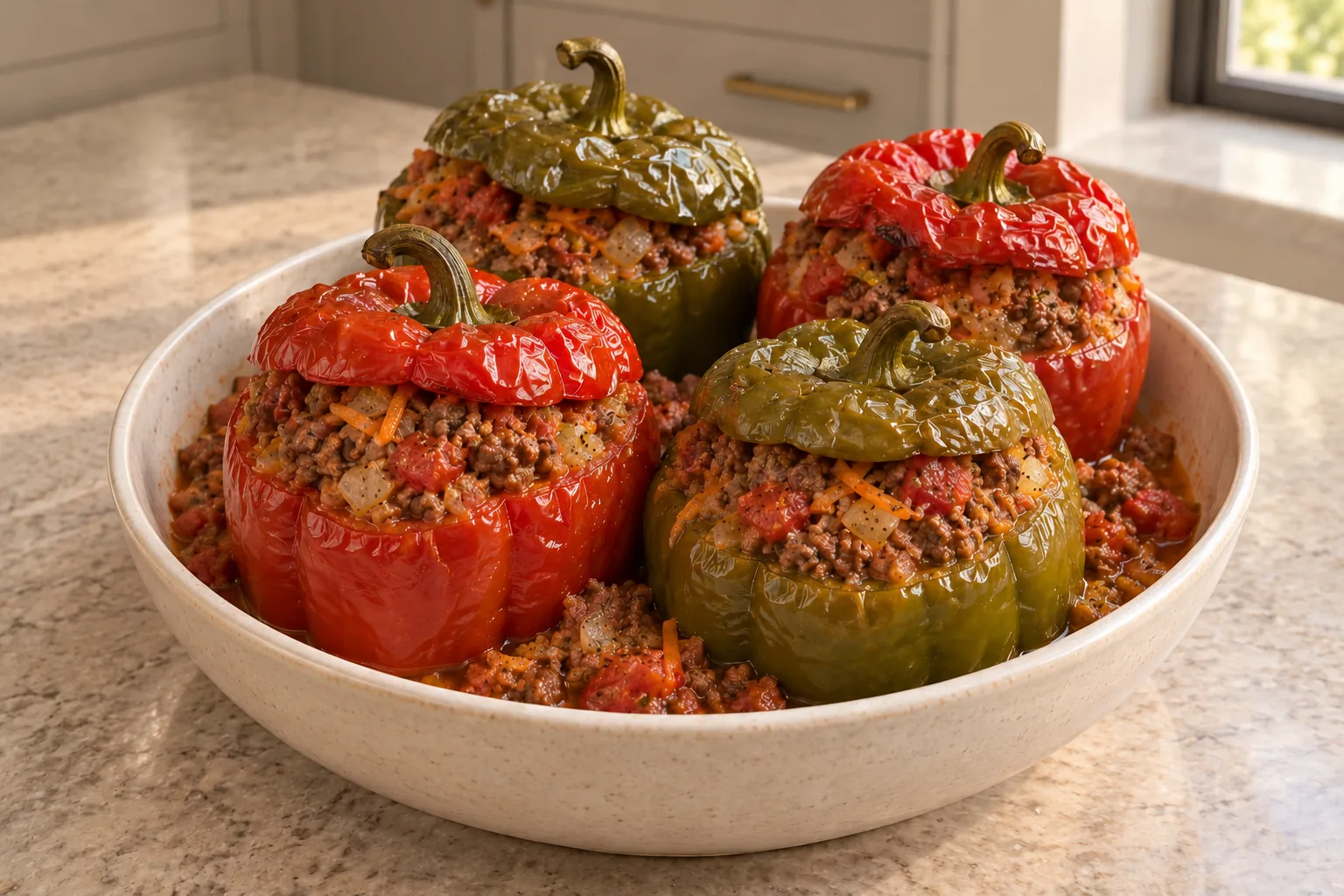Four slow-cooker beef-stuffed bell peppers for Full GAPS in a ceramic serving bowl