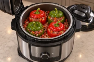 Four raw beef-stuffed bell peppers arranged in the exact Ninja Foodi FD401 before slow cooking